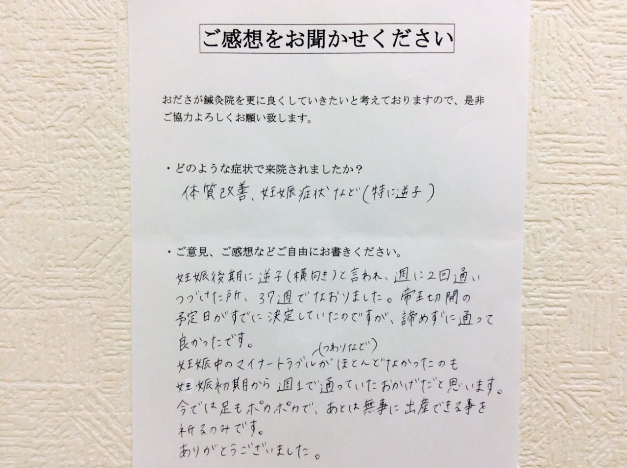 患者からの　手書手紙　鍼灸専門学校　体質改善、妊娠症状（逆子）